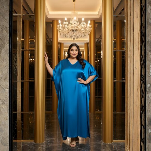 Gypsie Blu Satin Solid Plus Size Maxi Dress Stylish Caftan Dresses for Womens - Picture 1 of 6